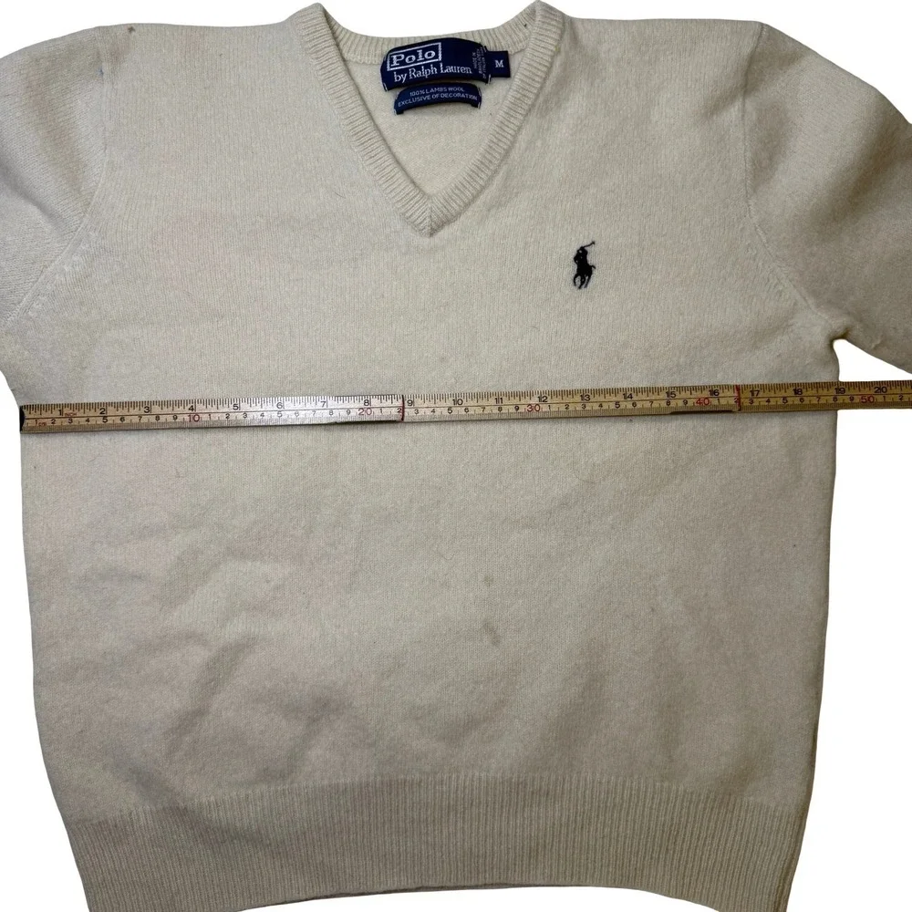 Polo Ralph Lauren V-Neck Sweater Mens M Cream Fair 100% Lambswool Knit Pullover